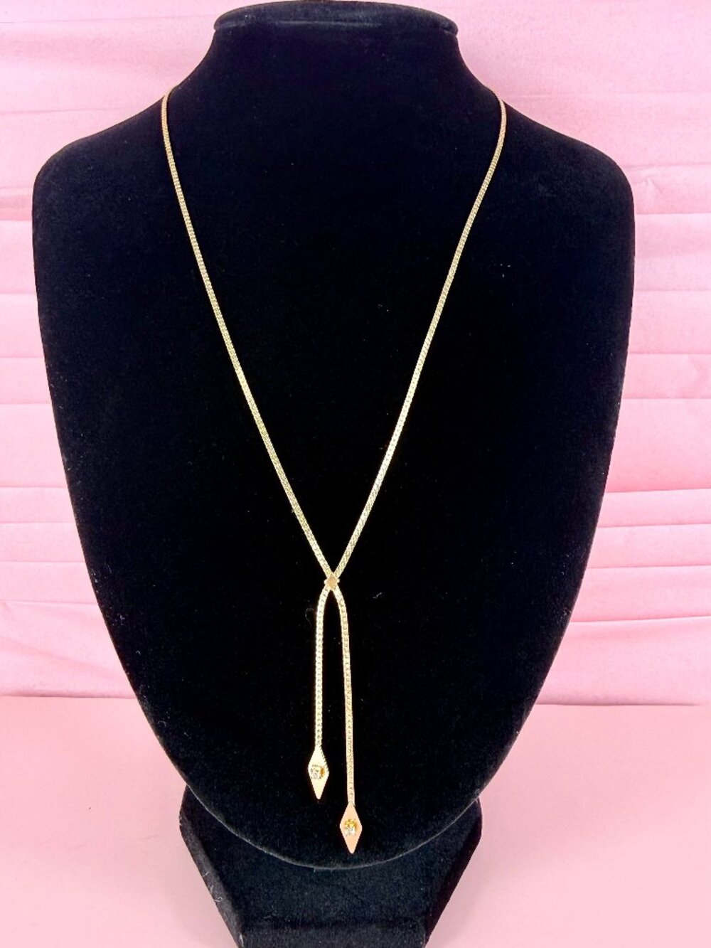 Rare Vintage Avon Gold Tone Snake Chain Rhinestone Tip Lariat Y 17" Necklace